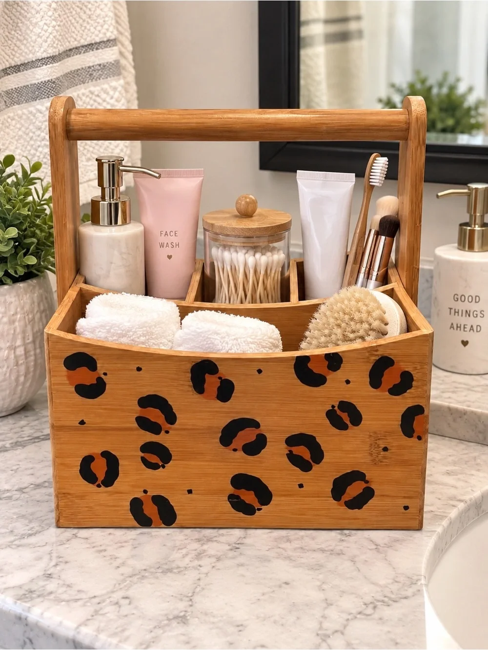 Hand-Painted Bamboo Leopard Print Organizer Caddy